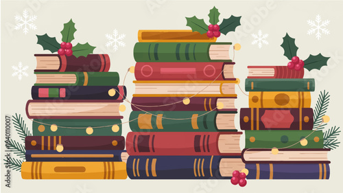 Colorful stacks of books with holly and mistletoe on a beige background with snowflakes festive reading concept