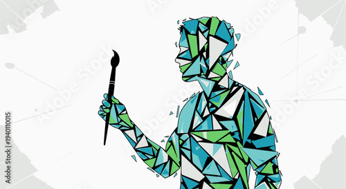 A person holding a paintbrush, surrounded by vibrant colors and abstract shapes, in a creative studio environment from a frontal viewpoint