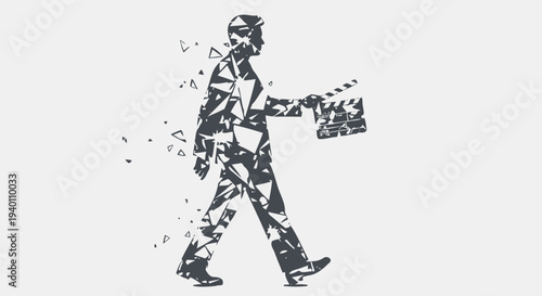 Man walking with megaphone, illustration of person shouting loud, protesting on street