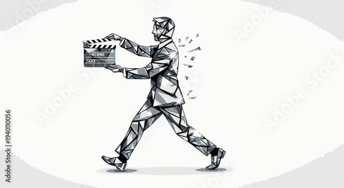 Man running with large film clapboard in hand, capturing dynamic motion in a monochrome illustration style