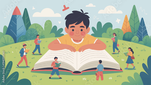 Happy child reading large book outdoors in park with friends playing around