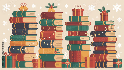 Colorful stacked books and gifts in christmas tree shapes on beige background with snowflakes