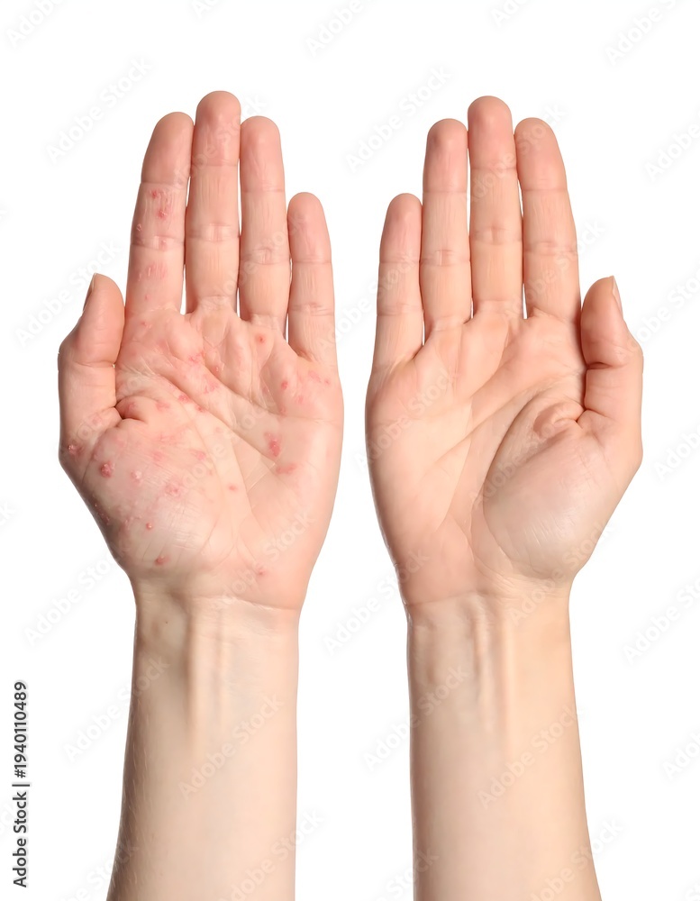 Fototapeta premium A pair of human hands with one palm displaying red blemishes