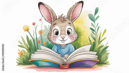Cute rabbit reading book in garden with flowers and green leaves learning concept