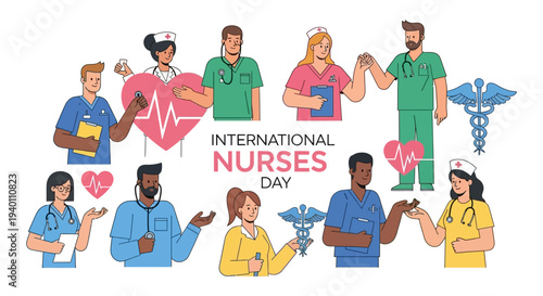 Diverse Healthcare Professionals Unite on International Nurses Day Celebration Vector Illustration