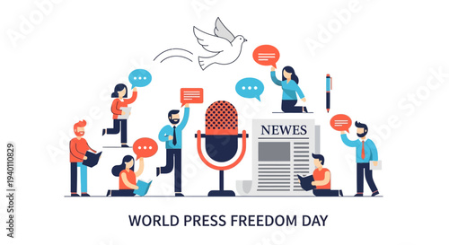 Global Journalists Celebrating World Press Freedom Day with Microphone and Newspaper Illustration