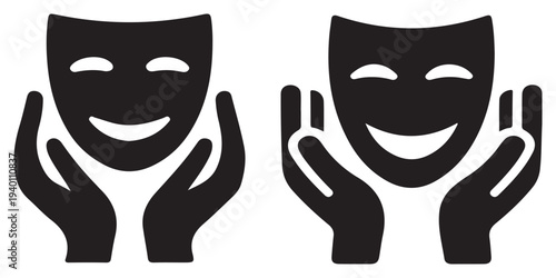 "Comedy Mask Illustration – Theater Symbol with Hands"