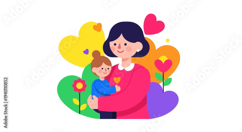 Mother holding baby surrounded by hearts and flowers in a vibrant illustration