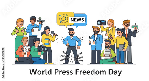 Diverse group of journalists celebrating World Press Freedom Day with various media tools and news elements