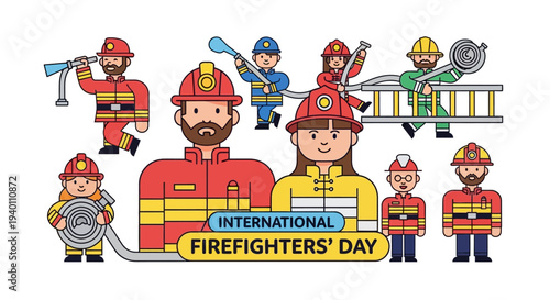 International Firefighters' Day illustration featuring diverse firefighters in action with equipment and vehicles