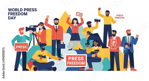 Diverse group of journalists celebrating World Press Freedom Day with cameras and microphones in a lively scene