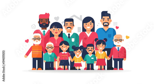 Diverse group of people including children and adults in colorful clothing gathered together in a lively scene