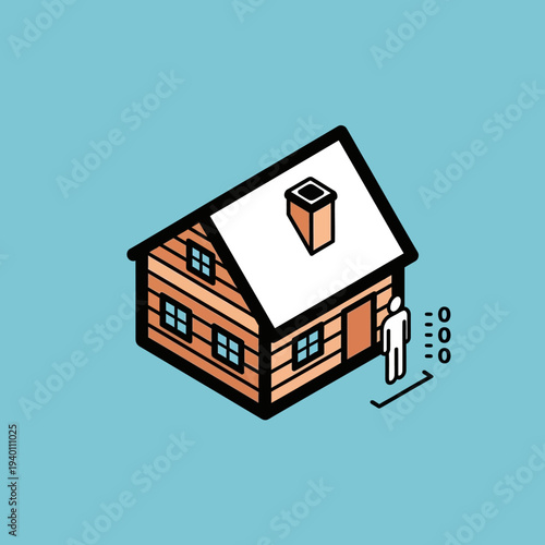 Isometric illustration of a wooden house with smoke coming out of the chimney.
