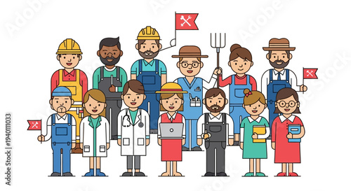 Diverse group of people in various occupations standing together united in a flat illustration style