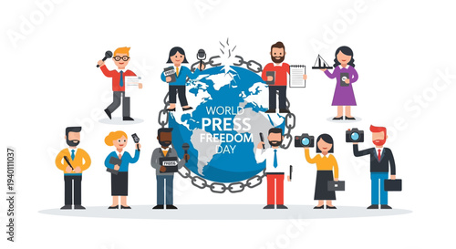 Global Press Conference Illustration Featuring Diverse Professionals Engaged Around the World