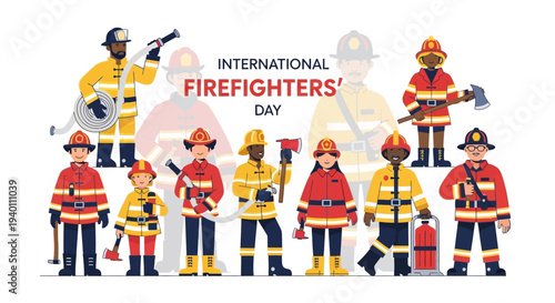 Firefighters standing together on International Firefighters' Day, illustration of diverse group in uniform holding equipment