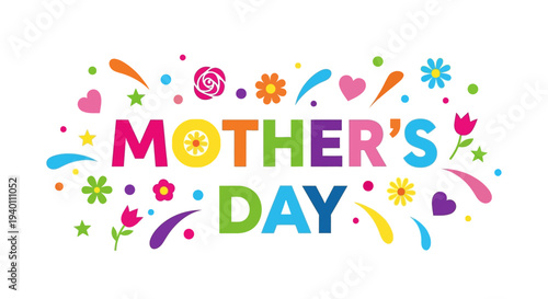 Colorful Mother's Day illustration featuring flowers and hearts in a festive design