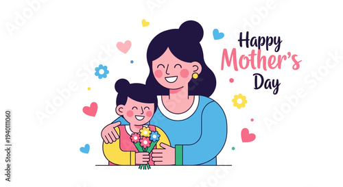 A Mother's Day celebration illustration featuring a mother and daughter embracing, surrounded by colorful hearts and flowers, viewed from a straightforward perspective