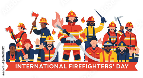 Diverse group of firefighters in action, celebrating International Firefighters' Day with equipment, vector illustration