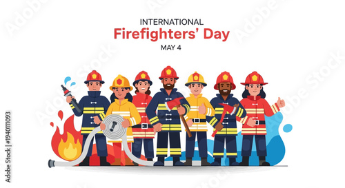 Group of firefighters standing together on International Firefighters' Day celebration with equipment