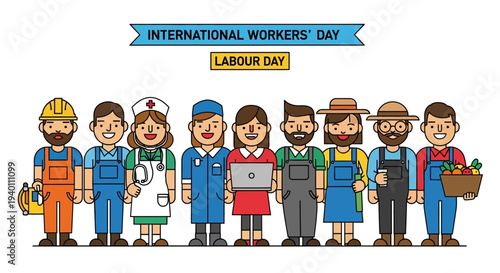 Diverse group of workers celebrating International Workers' Day together in a vibrant labour day illustration