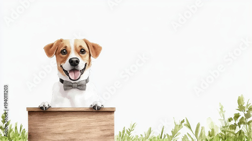Dog bow tie podium speech watercolor illustration cute mascot delivering presentation behind wooden lectern with copy space, clean background