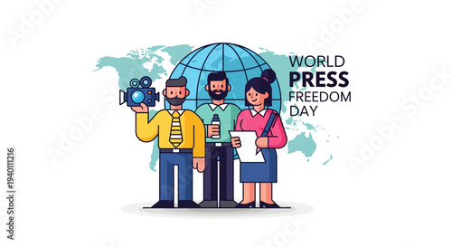 Diverse journalists celebrating World Press Freedom Day with global map and media tools