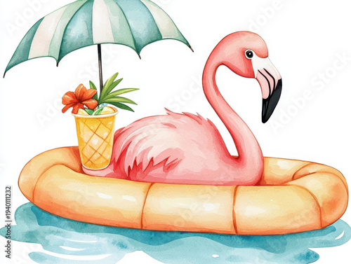 Watercolor flamingo pool float umbrella tropical drink summer illustration with pink bird inflatable raft, pineapple cocktail, sunny holiday mood