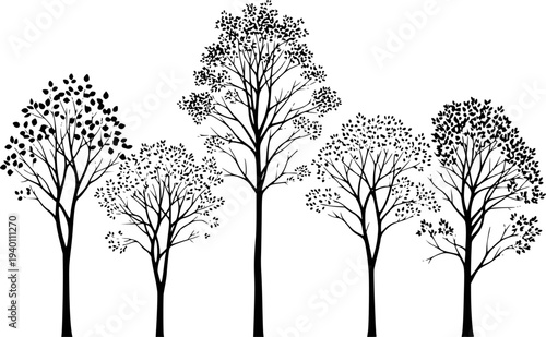 Black silhouette of deciduous trees with dense foliage against a white background