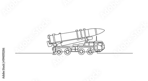 Mobile missile launcher truck line art side view on white background