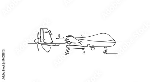Military drone UAV line art side view on minimal white background