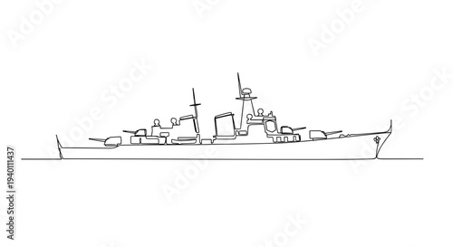 Naval destroyer warship line art on minimal white background