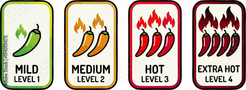 Chili Pepper Spicy Level Badge Card Set – Mild Medium Hot Extra Hot Level 1 to 4 Flat Vector Label Design