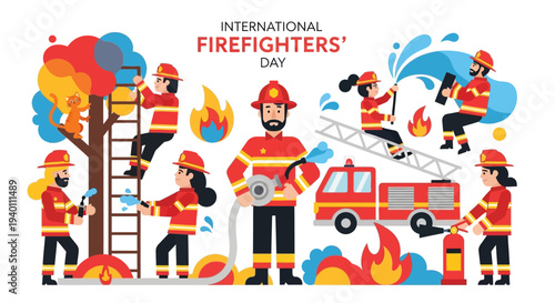 Firefighters in action on International Firefighters' Day, battling flames with equipment and teamwork, depicted in a vibrant illustration