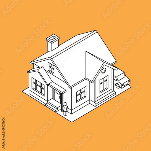 Isometric illustration of a house with a person standing outside.