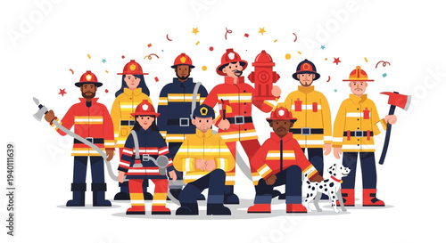 Group of firefighters and emergency responders in uniform standing together with equipment