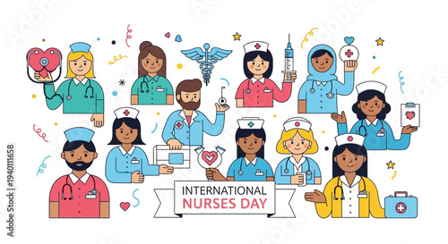Diverse medical professionals celebrating International Nurses Day with various medical symbols and equipment