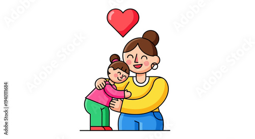 Illustration of a happy mother embracing her child with love and affection in a heartwarming scene