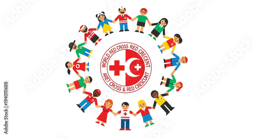 Children gathered around Red Cross symbol in a circular formation illustration