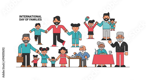 Diverse family members interacting together with joy and love in a vibrant illustration celebrating unity and togetherness on International Day of Families