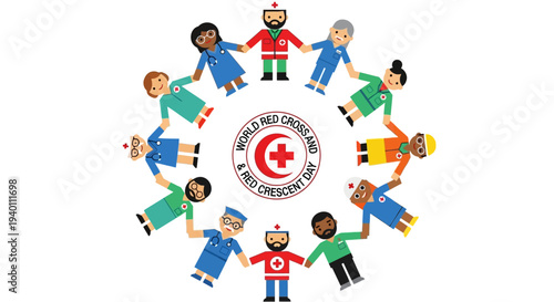 Diverse children holding hands around Red Cross logo illustration