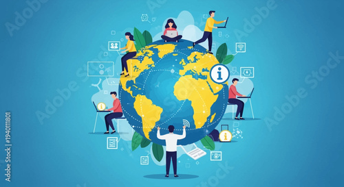 Global teamwork illustration showing people interacting around the world with laptops and documents, viewed from above.