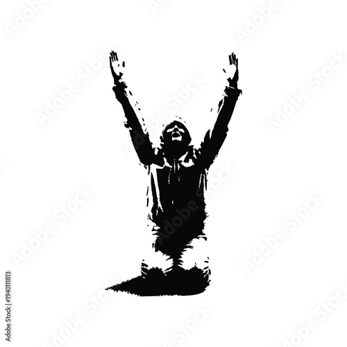 Black and white hand drawn illustration of a person kneeling with hands raised up in retro vintage style vector art