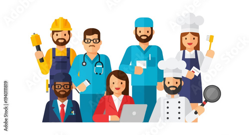 Diverse Group of Professionals Standing Together, Illustrating Various Careers and Professions in a Modern Setting