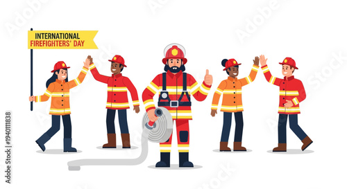 International Firefighters Day celebration with diverse team of firefighters holding sign and equipment