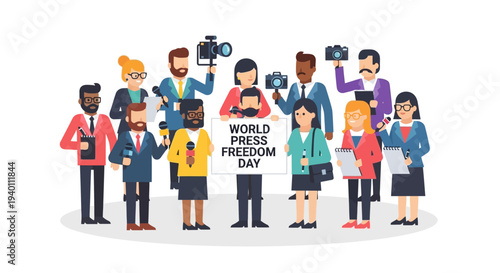 Diverse group of people celebrating World Press Freedom Day together with cameras and signs