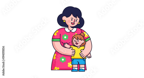 Mother embracing child tenderly in a vibrant illustration showcasing love and affection from a frontal viewpoint