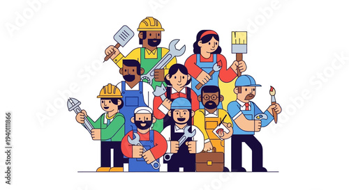 Diverse group of people in various occupations and uniforms gathered together holding tools and equipment