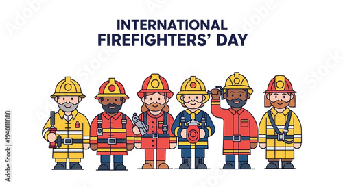 Diverse group of firefighters standing together celebrating International Firefighters' Day in a vector illustration