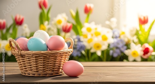 Easter eggs in a wicker basket on a wooden table with spring flowers